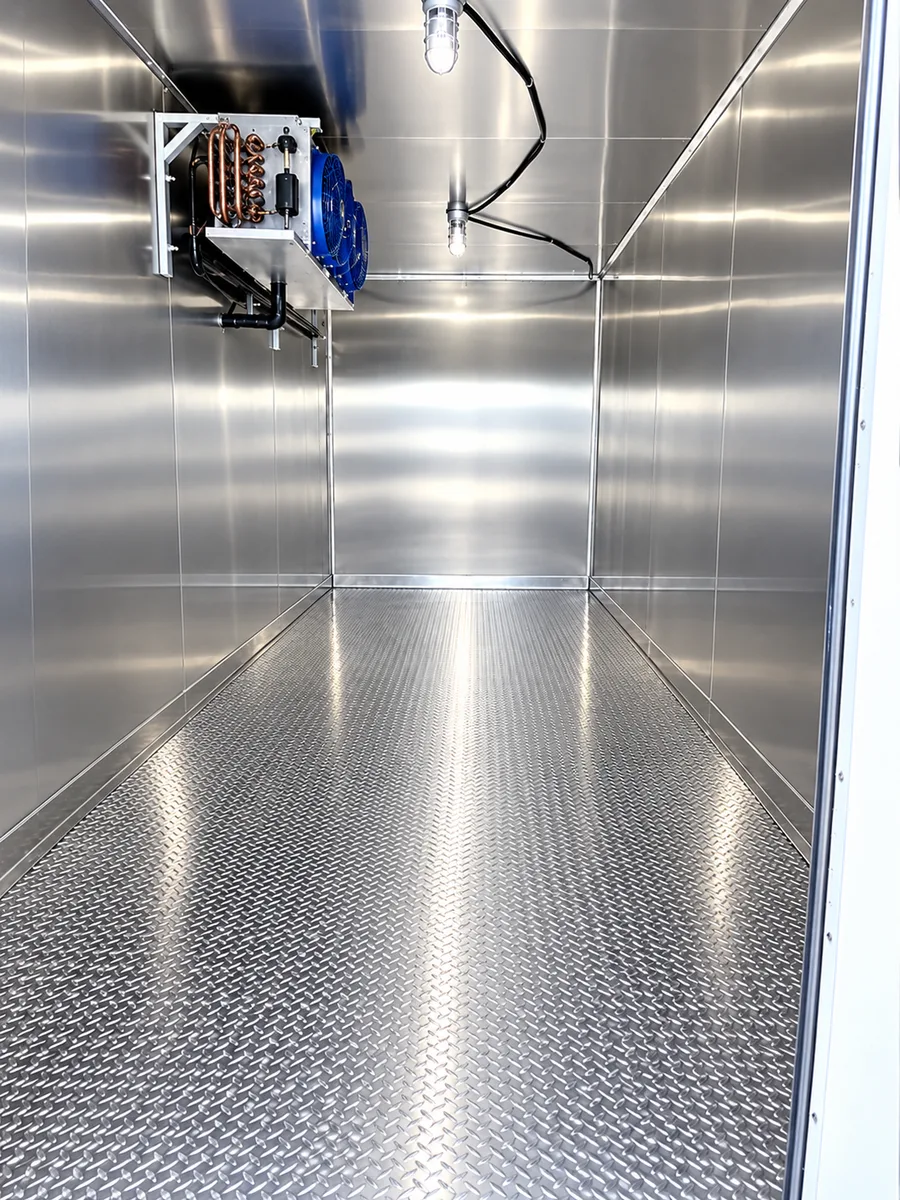 Supplied reference image labelled refrigerated trailer interior cooling system.