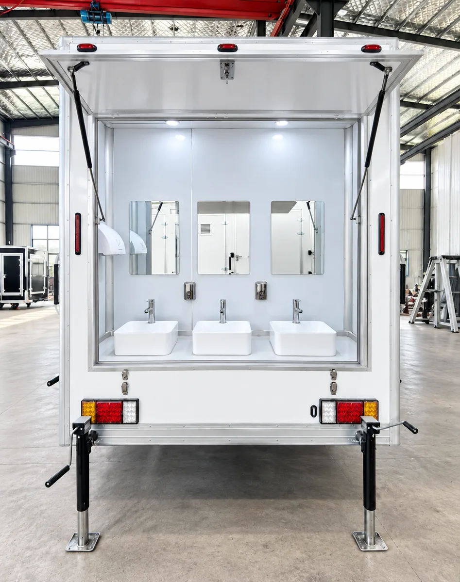 Rear opening of a supplied trailer reference image with three handwashing sinks.