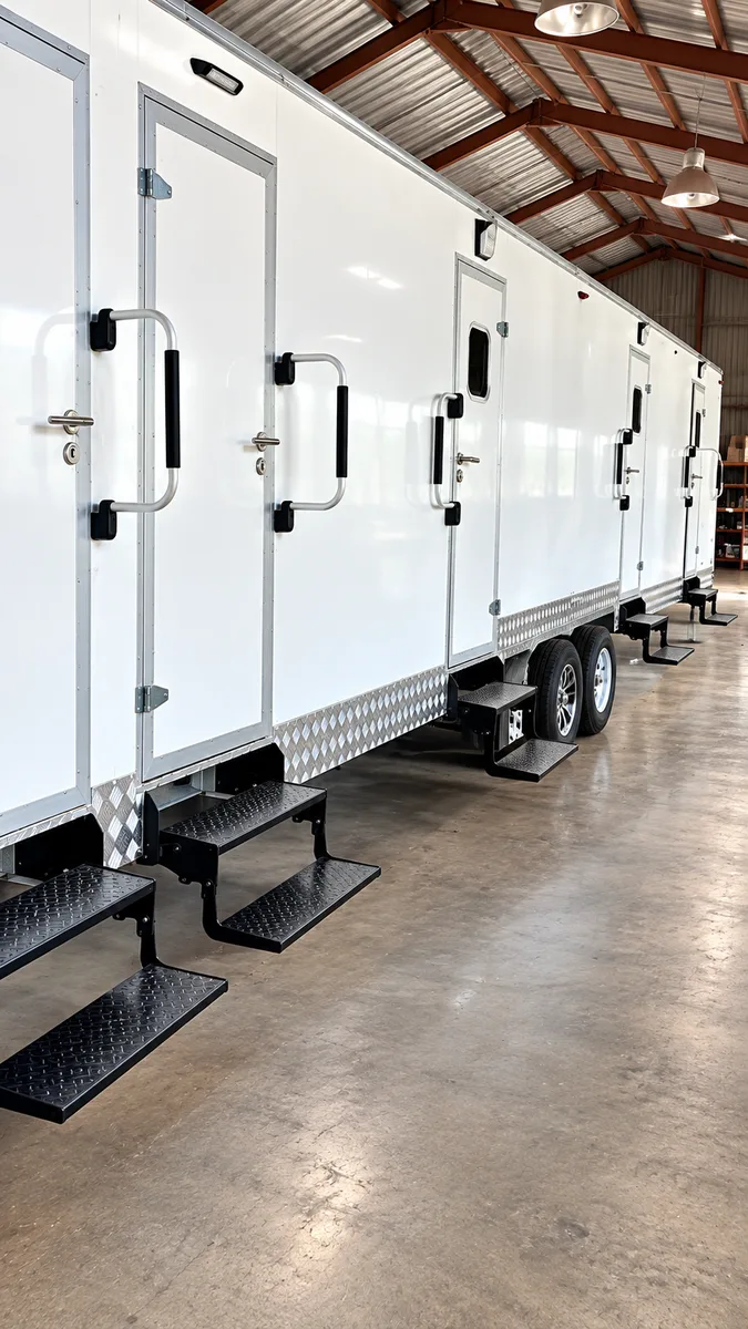 Second exterior side view of the supplied shower and restroom combination trailer reference.