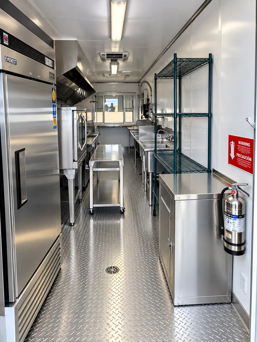 Supplied reference view inside a mobile commercial kitchen trailer.