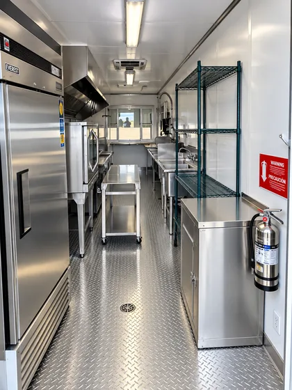 Supplied reference view inside a mobile commercial kitchen trailer.