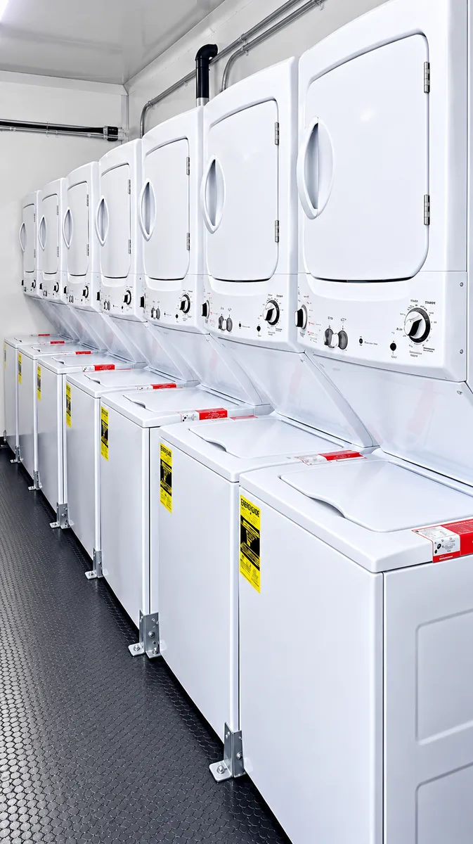Supplied reference image labelled 24ft mobile laundry trailer washer dryer interior.
