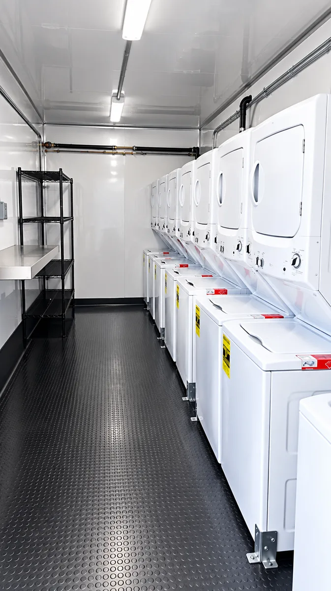 Supplied reference image labelled mobile laundry trailer washer dryer interior.