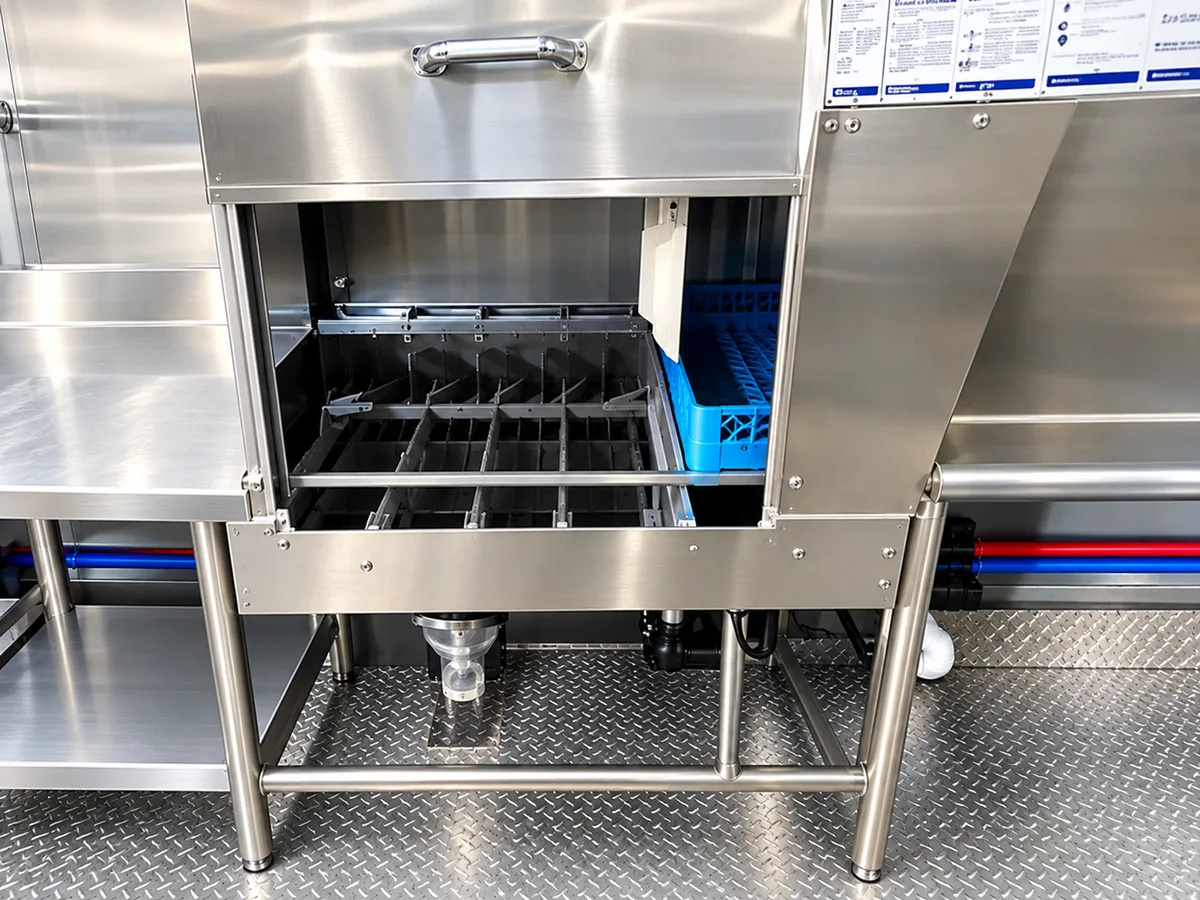 Supplied reference image labelled dish trailer commercial dishwashing machine.