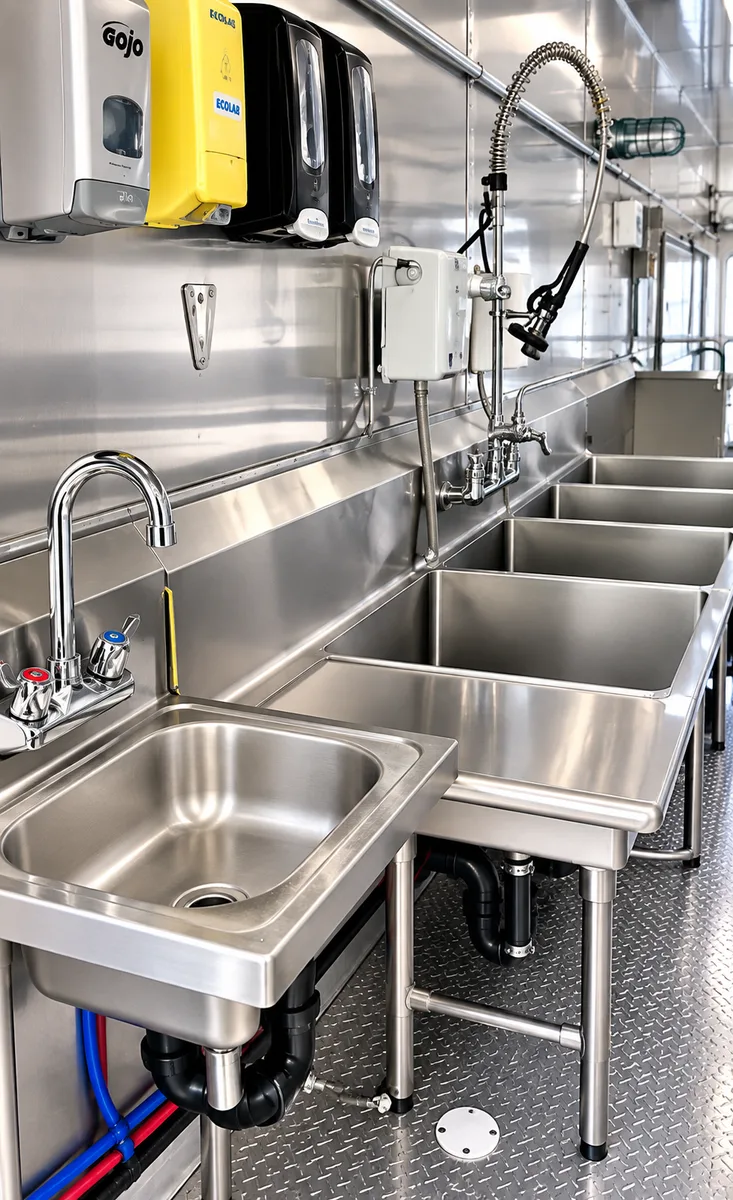 Sink and pre-rinse area in a supplied dishwashing trailer reference image.