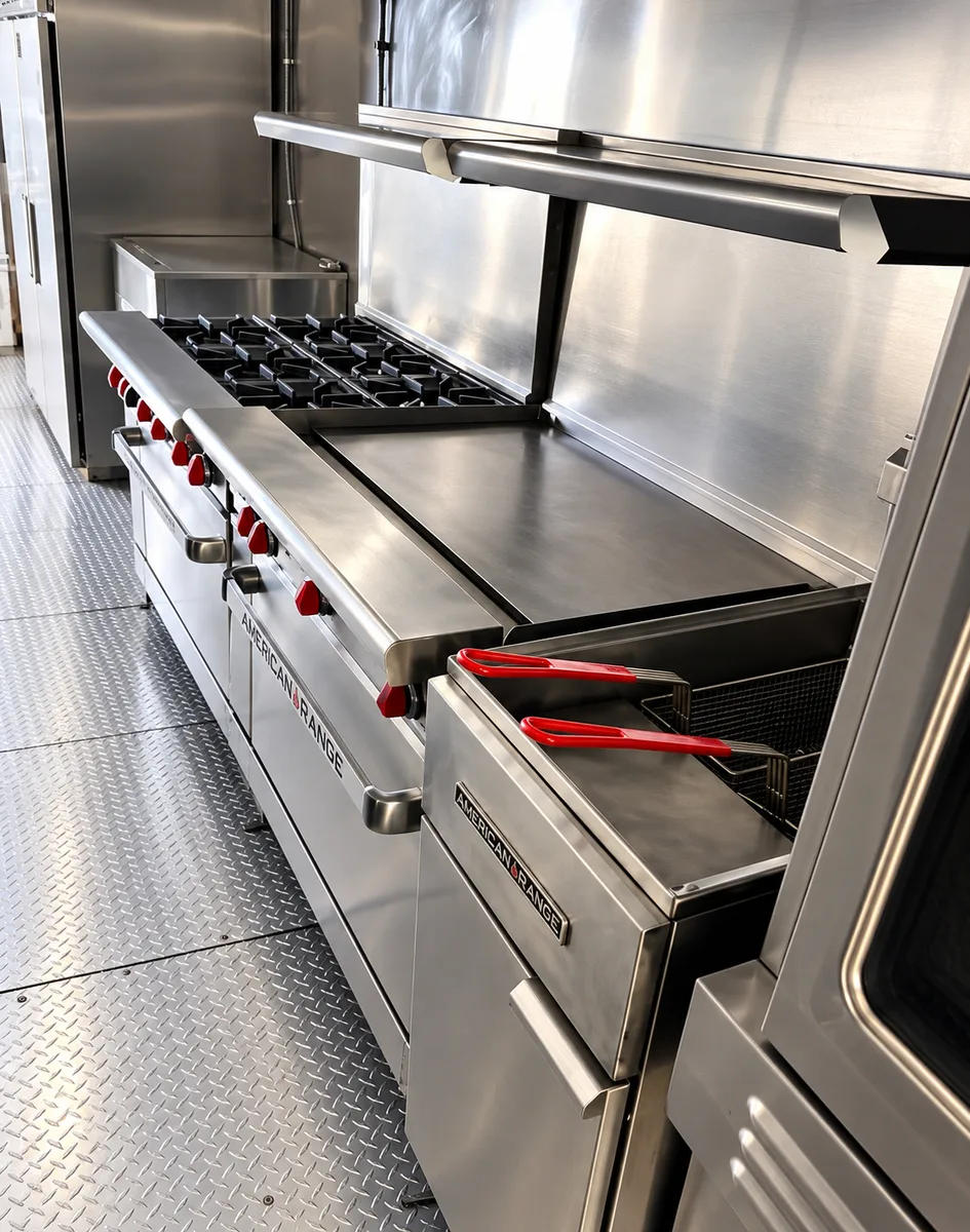 Supplied reference image labelled mobile kitchen trailer range griddle fryer.