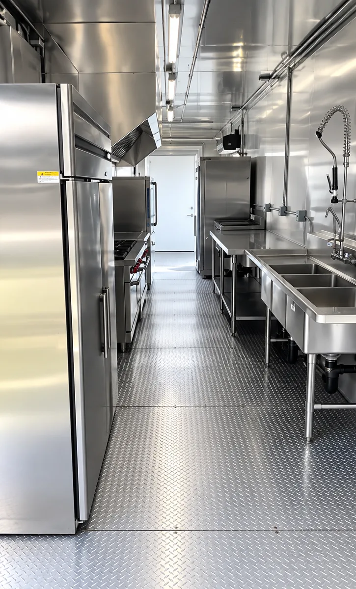 Supplied reference image labelled commercial kitchen trailer refrigeration wash station.