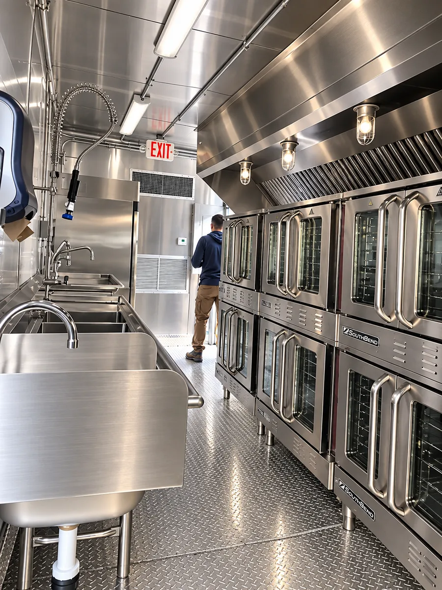 Supplied reference image labelled temporary kitchen trailer stainless steel cooking facility.