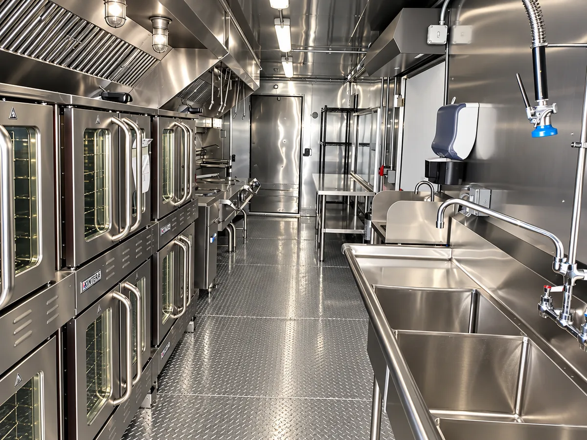 Supplied reference image labelled mobile commercial kitchen trailer ovens wash station prep area.