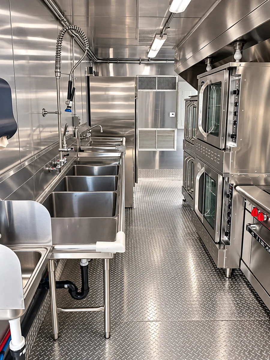 Supplied reference image labelled mobile commercial kitchen trailer wash sinks convection ovens.