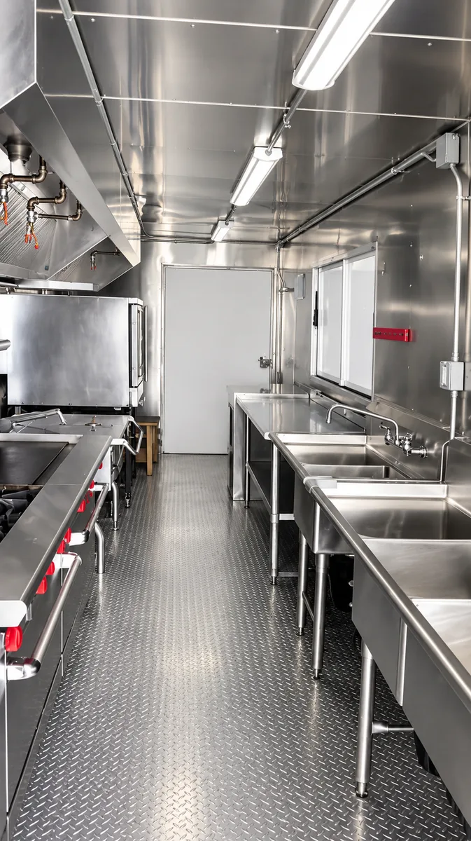Supplied reference image labelled mobile commercial kitchen trailer cooking wash area.