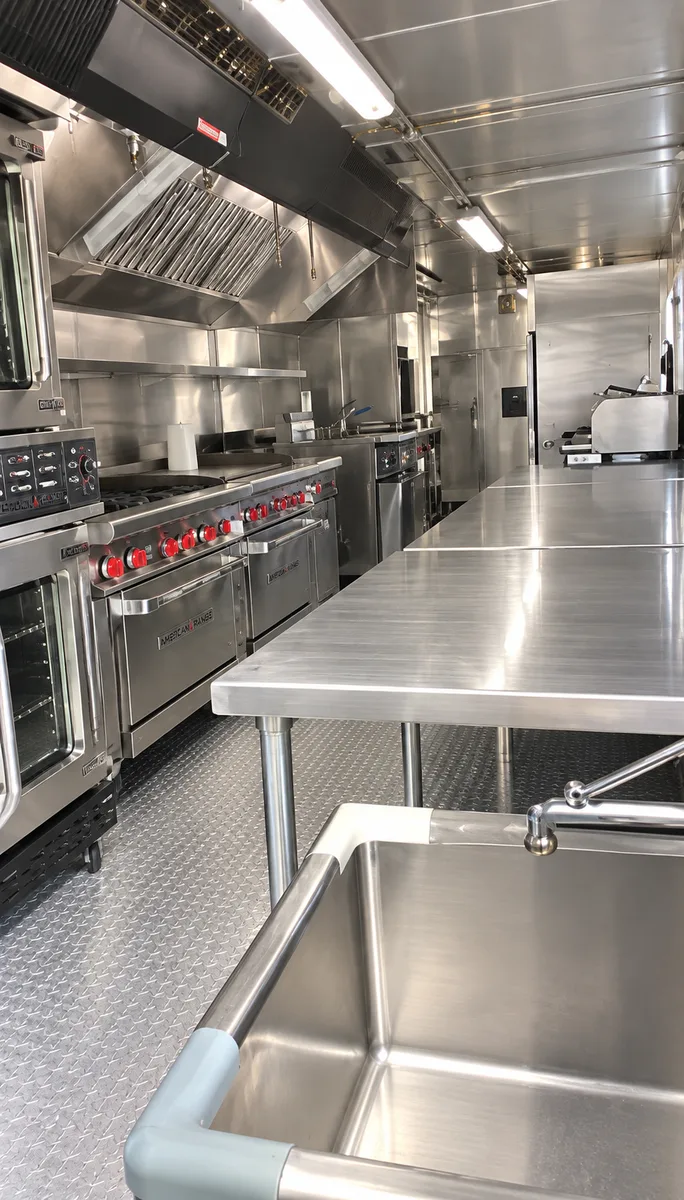 Supplied reference image labelled temporary commercial kitchen trailer cooking prep area.