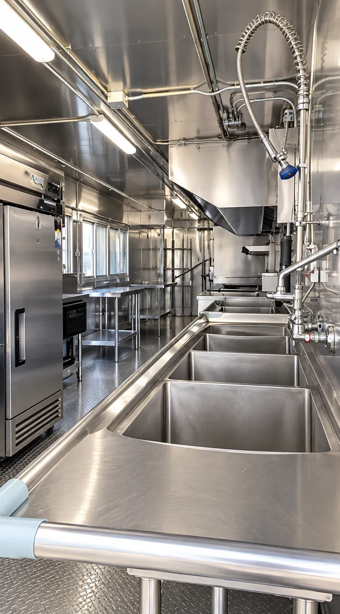 Multi-compartment wash sink in a supplied commercial kitchen reference image.