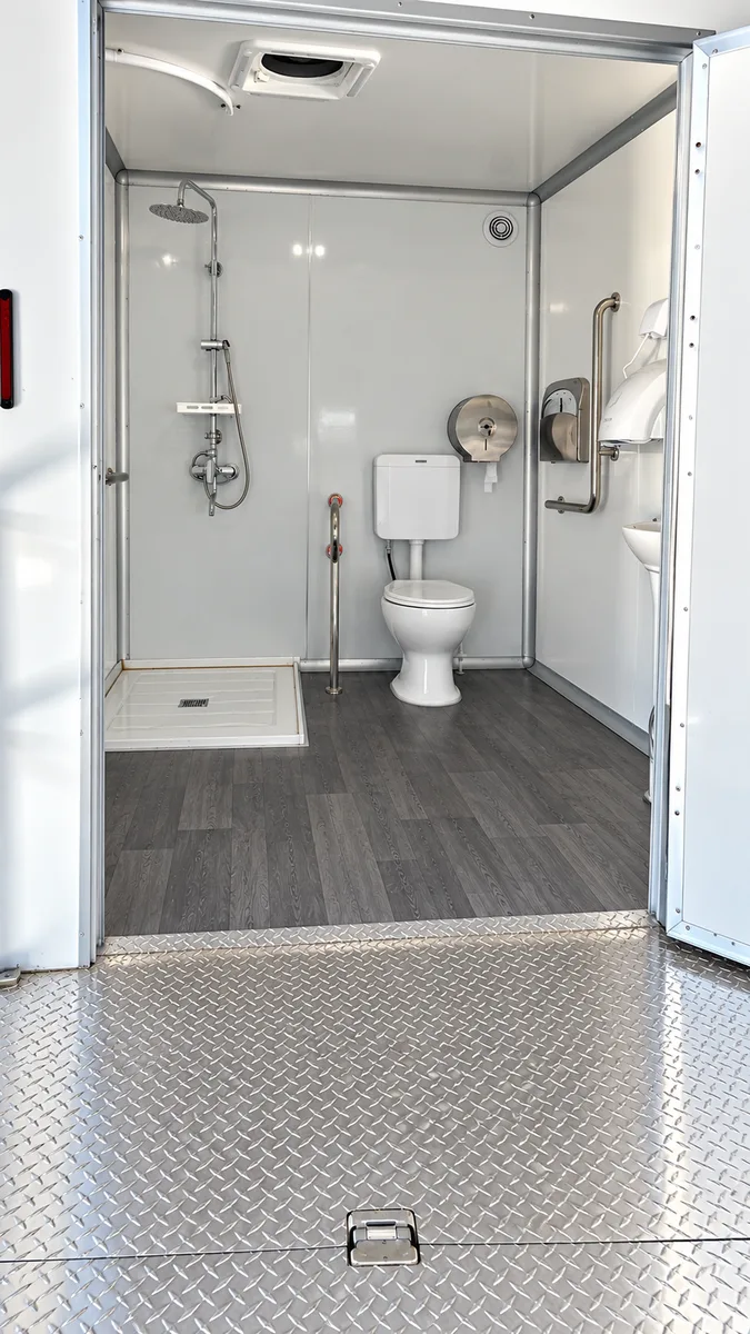 Supplied reference image labelled luxury shower restroom trailer interior.