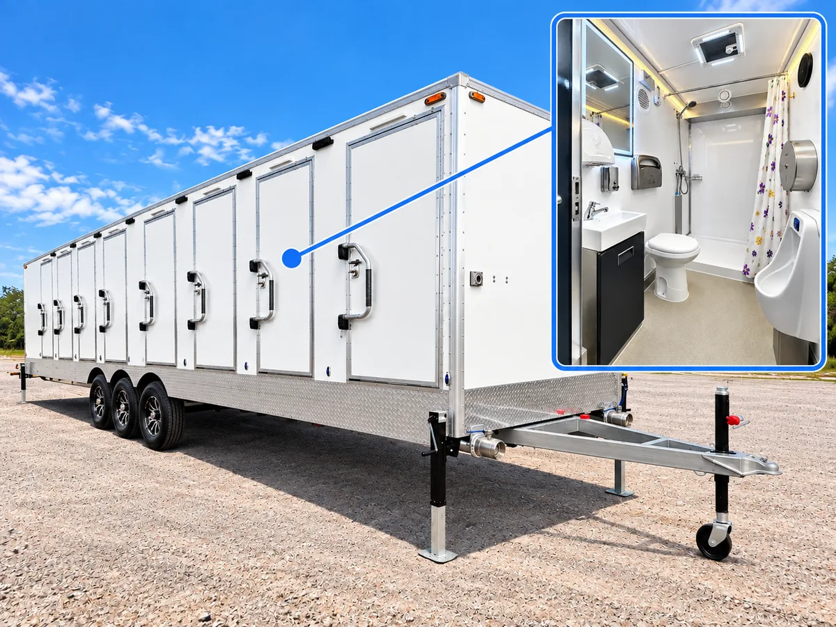 Supplied reference image labelled 8 stall ada shower restroom trailer exterior.