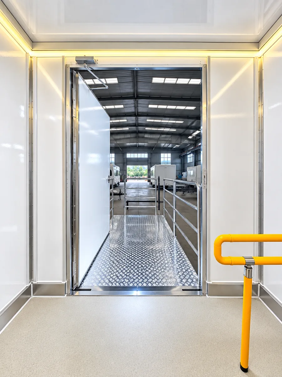 Supplied reference image labelled 8 stall ada shower restroom trailer interior.