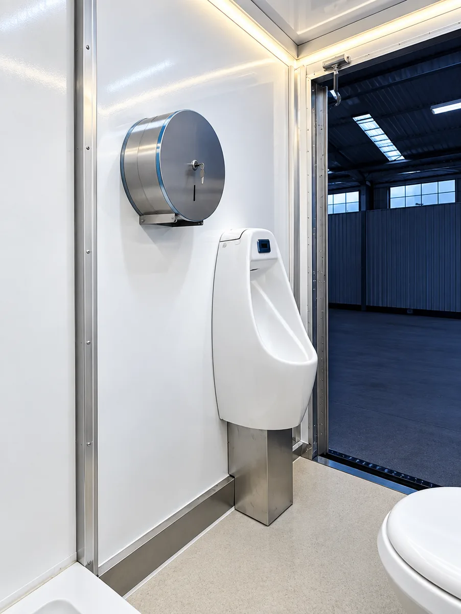 Supplied reference image labelled temporary restroom trailer urinal and sink.