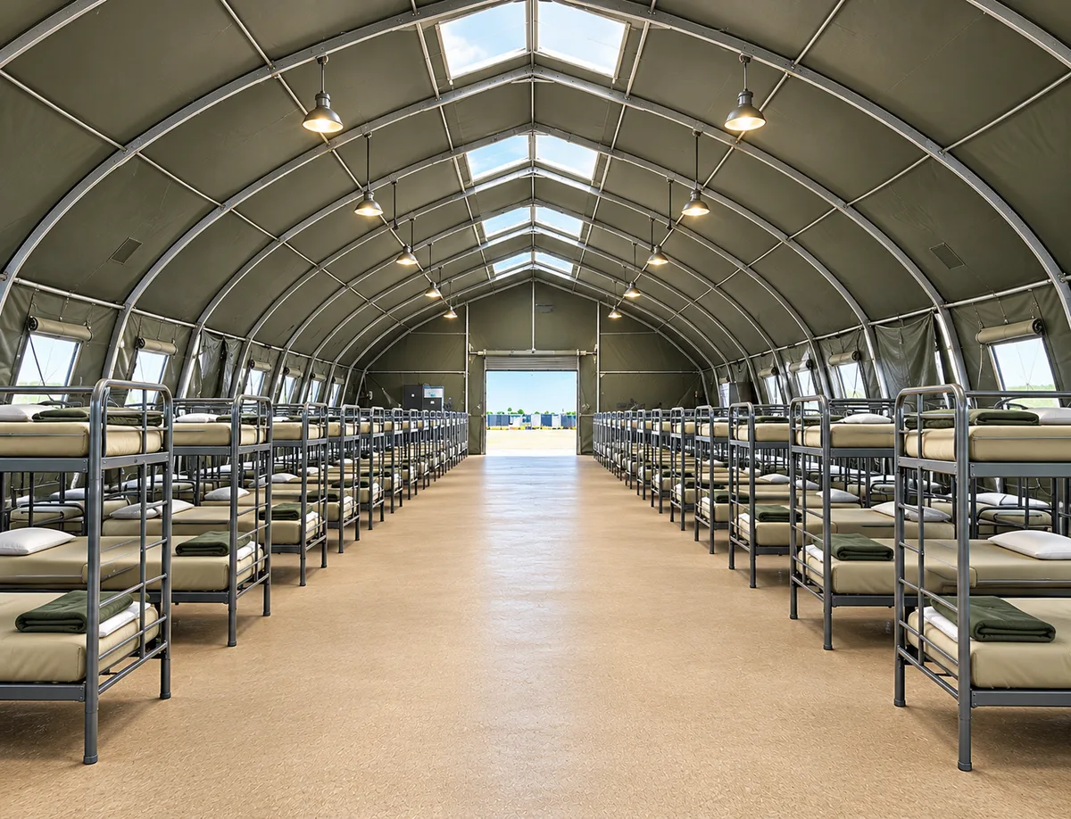 Supplied reference image labelled temporary sleeping facilities large bunkhouse interior.