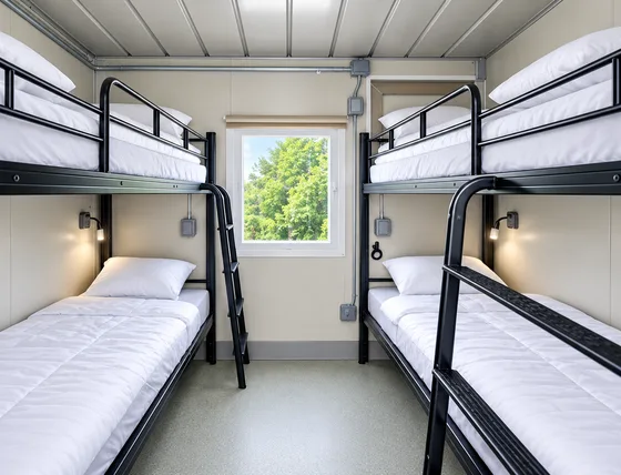 Bunk room with four beds in a supplied sleeper-unit reference image.